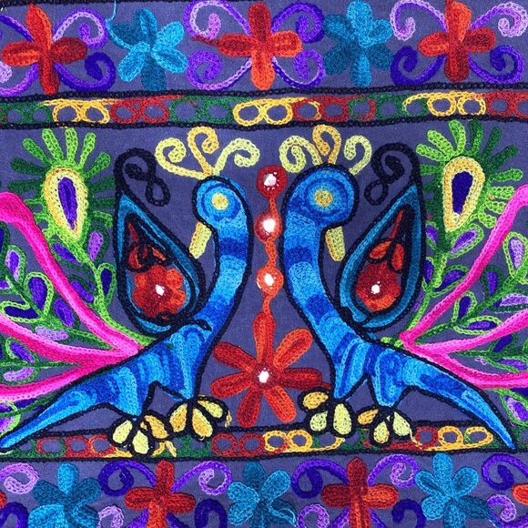 Vintage Large Black Boho Shoulder Bag w/ Embroidered Peacocks, Wooden Beads - Picture 3 of 9